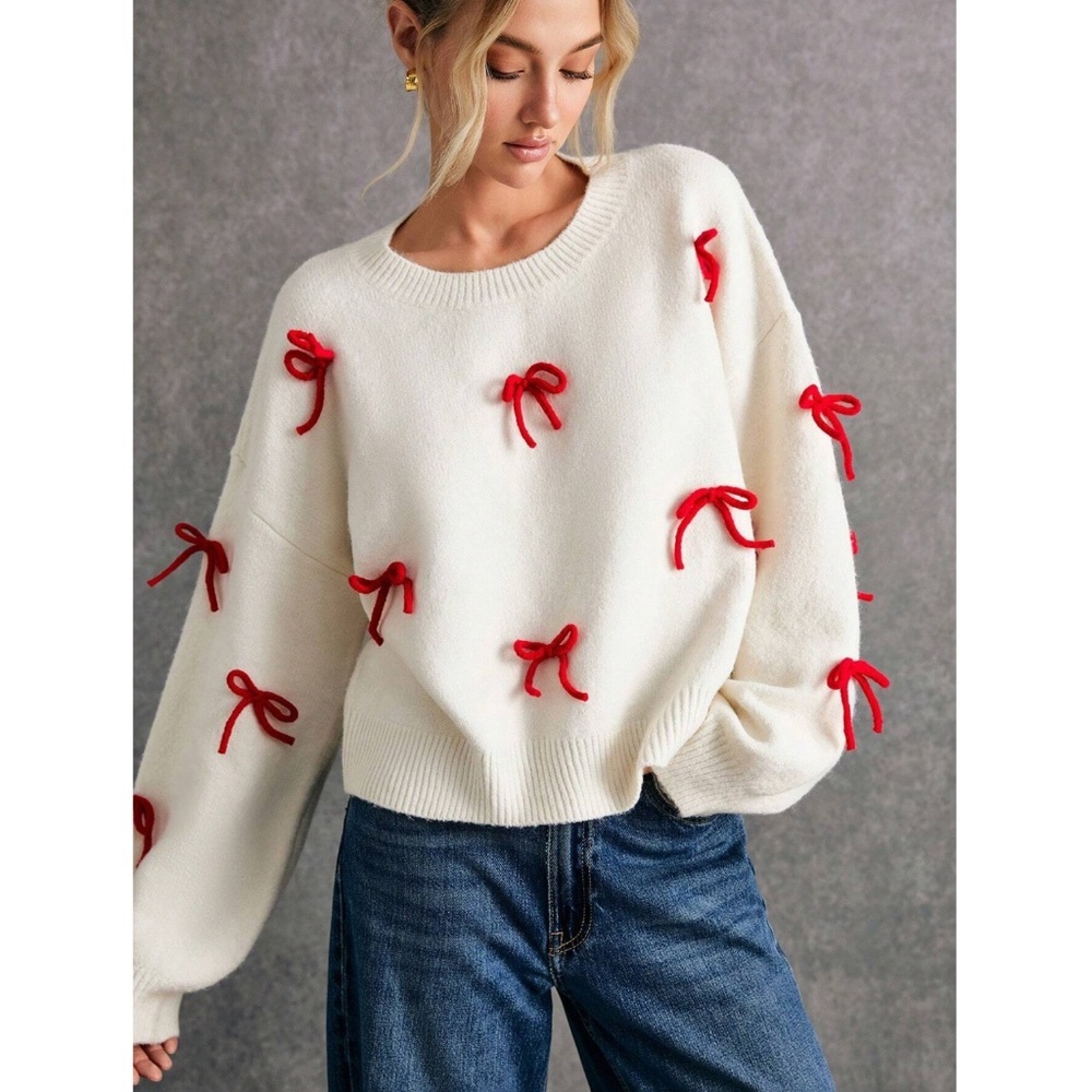 Red Bow Detail Off White Round Neck Oversized Knit Pullover Sweater